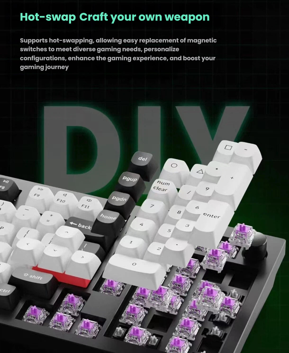 Detail view of Keychron Q5 HE keyboard with exposed purple magnetic switches and lifted keycaps, demonstrating hot-swapping capability for customizing switch types and gaming performance.