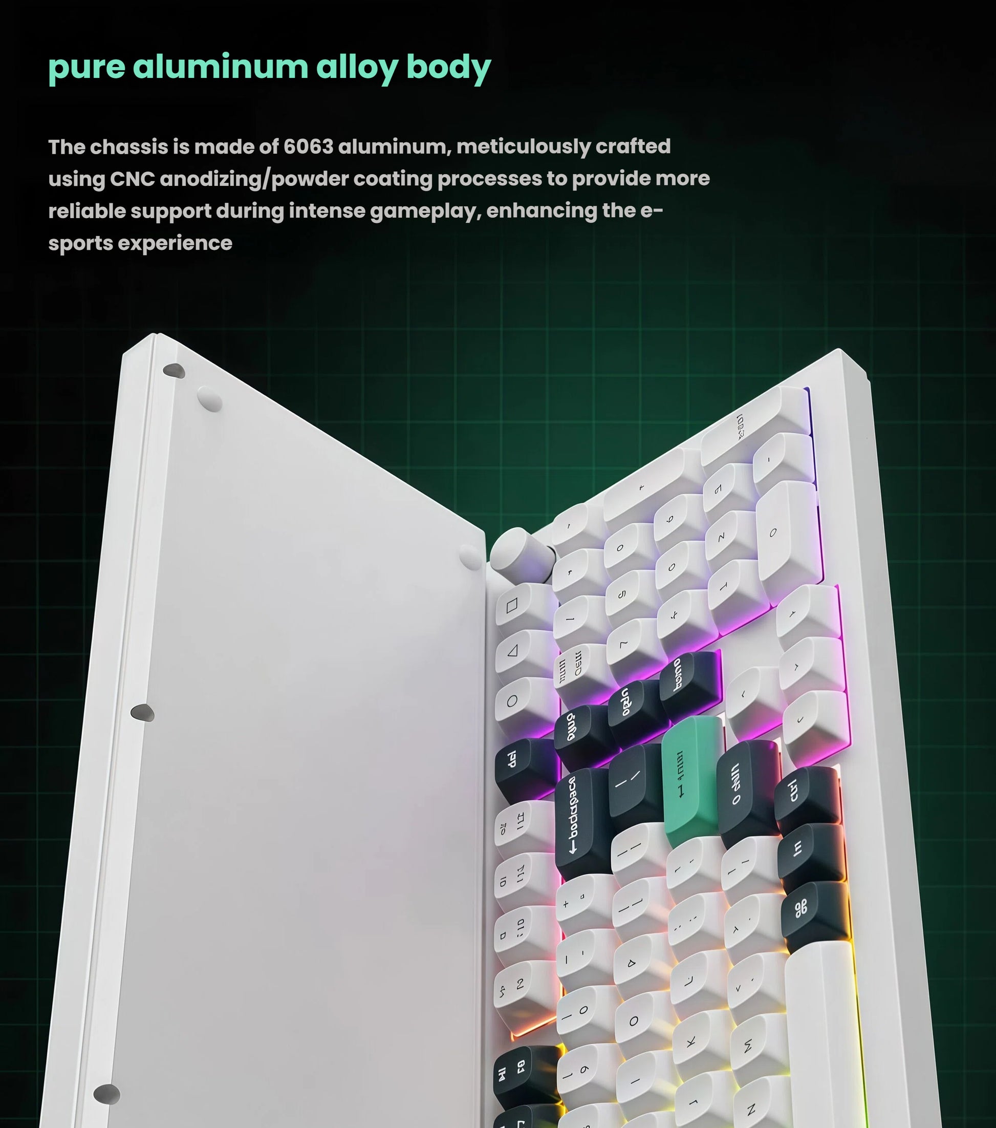 Side profile of Keychron Q5 HE showing its durable 6063 aluminum alloy frame with CNC anodizing and powder coating, designed for stability during intense gaming sessions.