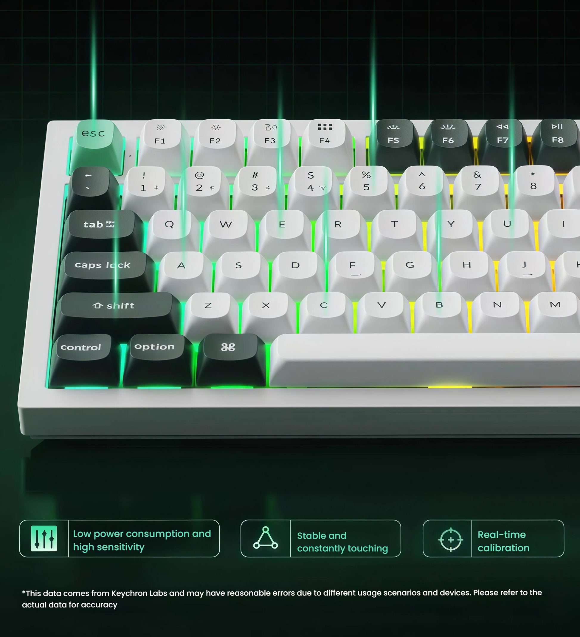 Front-facing shot of Keychron Q5 HE keyboard with glowing RGB underlighting and sensor lines, highlighting low power consumption, stable touch response, and real-time calibration technology.
