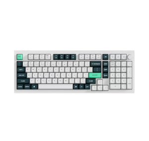 Top-down view of Keychron Q5 HE tenkeyless mechanical keyboard in white colorway, featuring double-shot PBT keycaps, green ESC and Enter keys, and minimalist design.