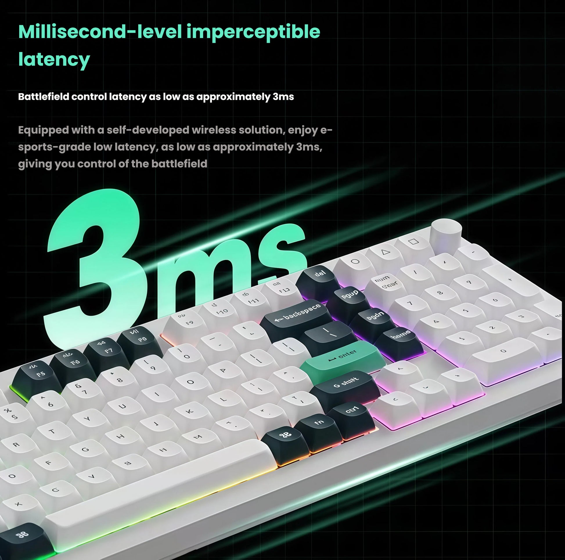 Front view of Keychron Q5 HE keyboard with vibrant RGB lighting and bold "3ms" text overlay, emphasizing its e-sports-grade wireless latency for real-time battlefield control.