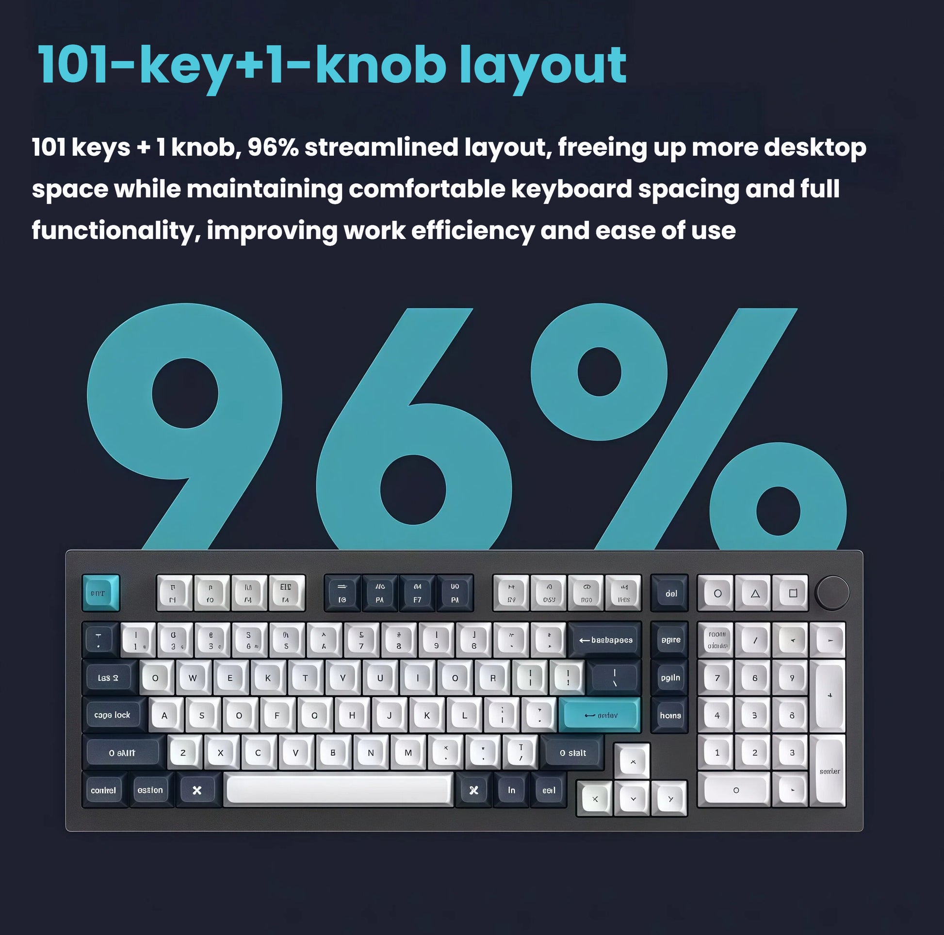Front view of Keychron Q5 Max 96% mechanical keyboard with 101 keys and integrated media knob, designed to save desktop space while maintaining full functionality and comfortable spacing.