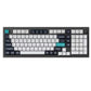 Top-down shot of Keychron Q5 Max wireless mechanical keyboard in dark gray finish with white and teal keycaps, showcasing professional-grade design, 96% layout, and built-in rotary knob.