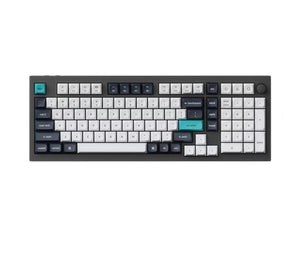 Top-down shot of Keychron Q5 Max wireless mechanical keyboard in dark gray finish with white and teal keycaps, showcasing professional-grade design, 96% layout, and built-in rotary knob.