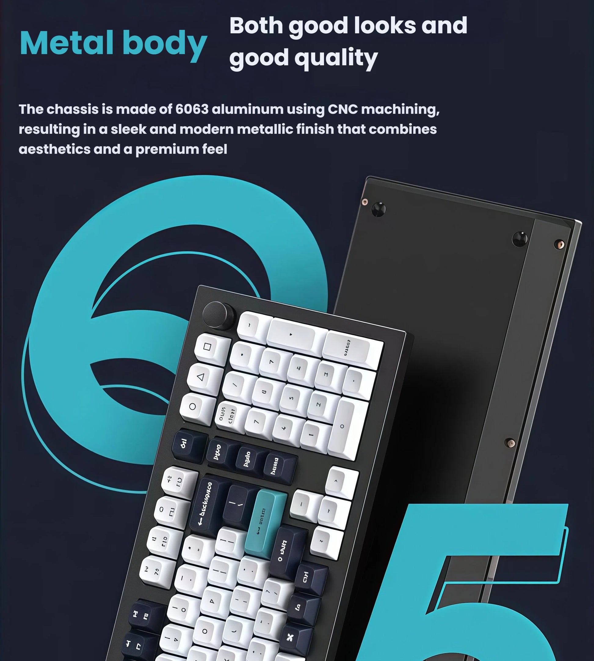 Side-angle view of Keychron Q5 Max mechanical keyboard with CNC-machined 6063 aluminum chassis, highlighting sleek metallic finish and premium build quality for durability and style.