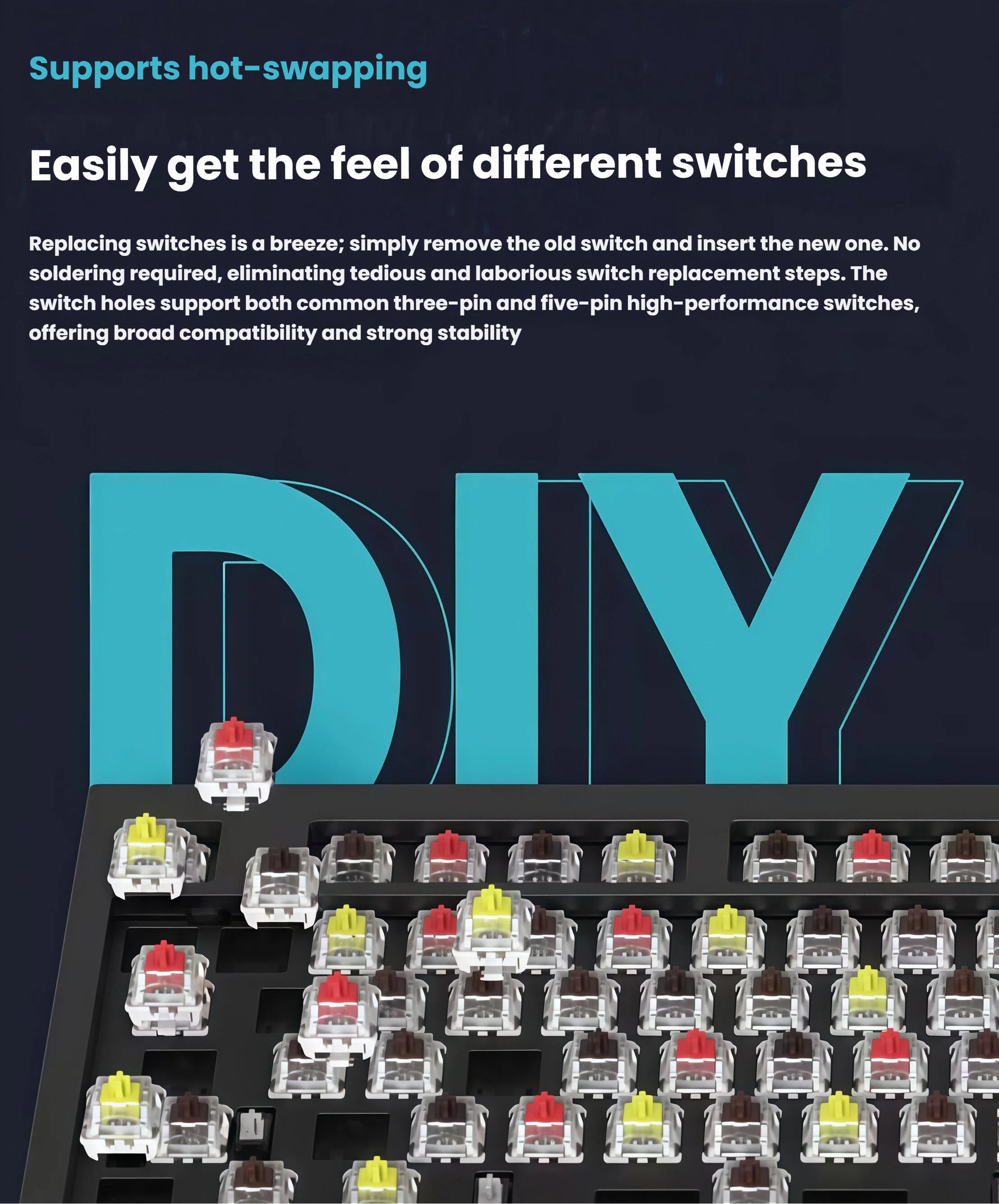 Close-up of Keychron Q5 Max keyboard PCB with hot-swappable mechanical switches in red, brown, and yellow colors, supporting both 3-pin and 5-pin switches for easy customization without soldering.