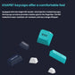 Floating display of Keychron Q5 Max KSA height PBT double-shot injection molded keycaps in teal, navy, and white, offering superior grip, wear resistance, oil resistance, and long-term durability.