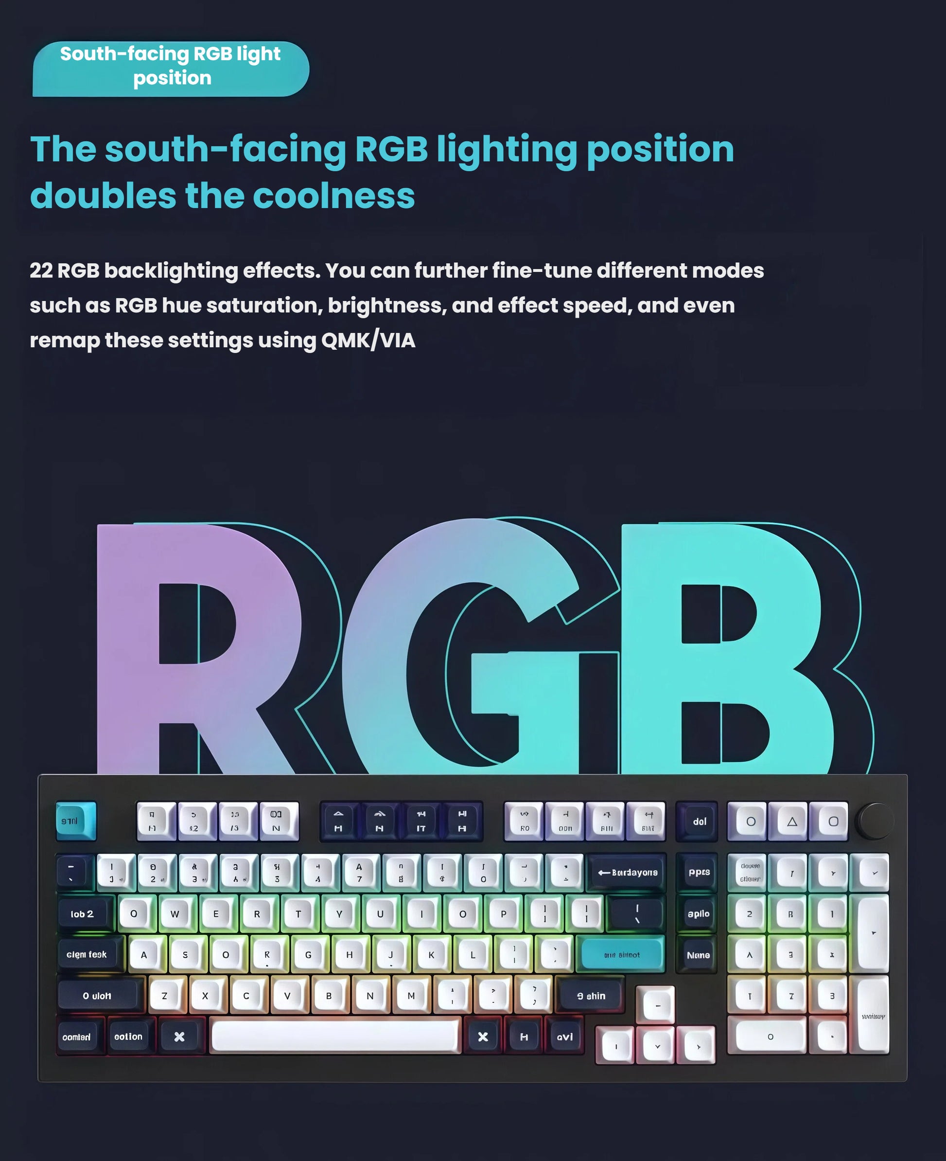 Keychron Q5 Max wireless mechanical keyboard featuring south-facing RGB backlighting with vibrant gradient effects, showcasing 22 customizable lighting modes and QMK/VIA firmware support for personalized lighting control.