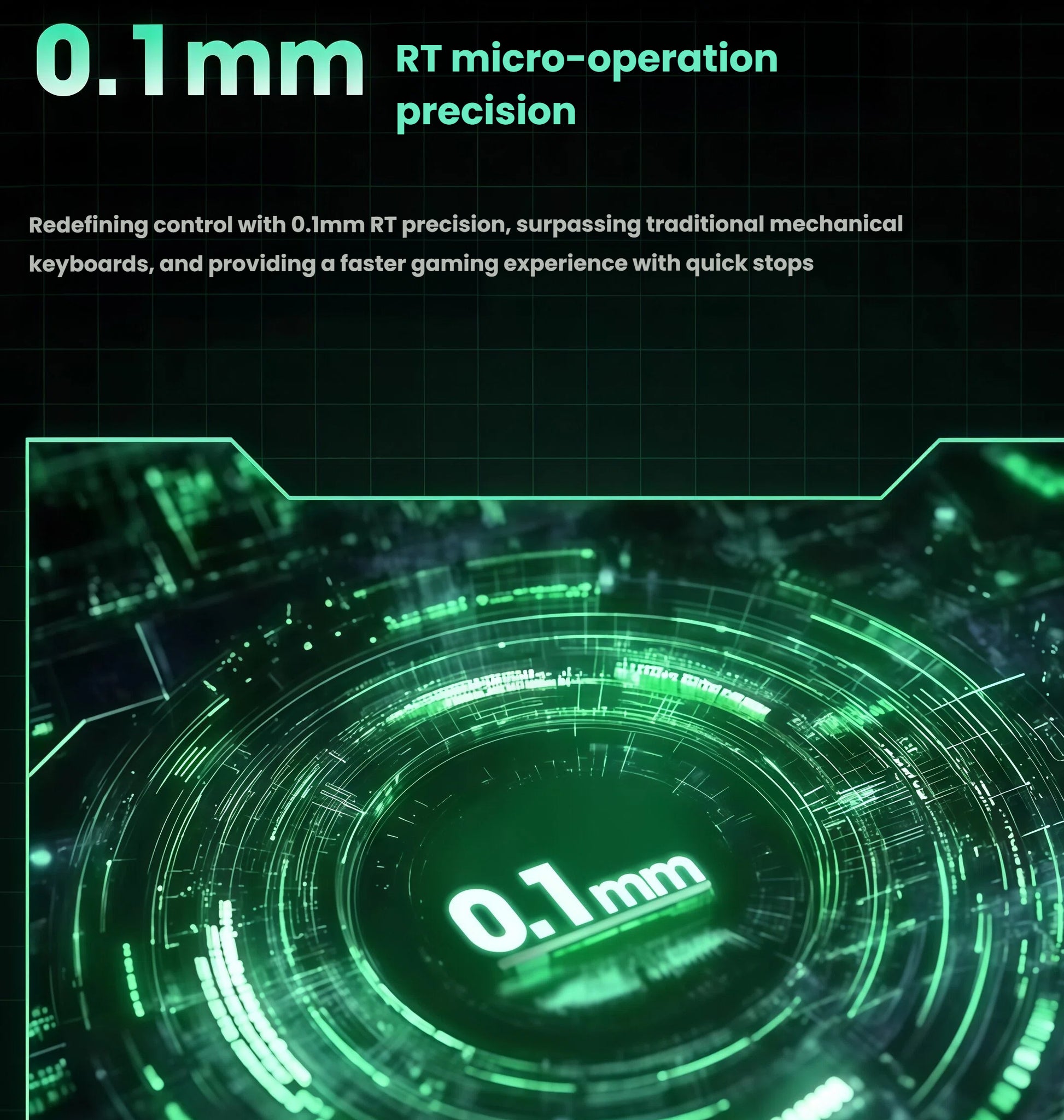 Digital graphic showcasing Keychron Q6 HE’s 0.1mm RT micro-operation precision, highlighting advanced control technology that surpasses traditional mechanical keyboards for faster gaming response.