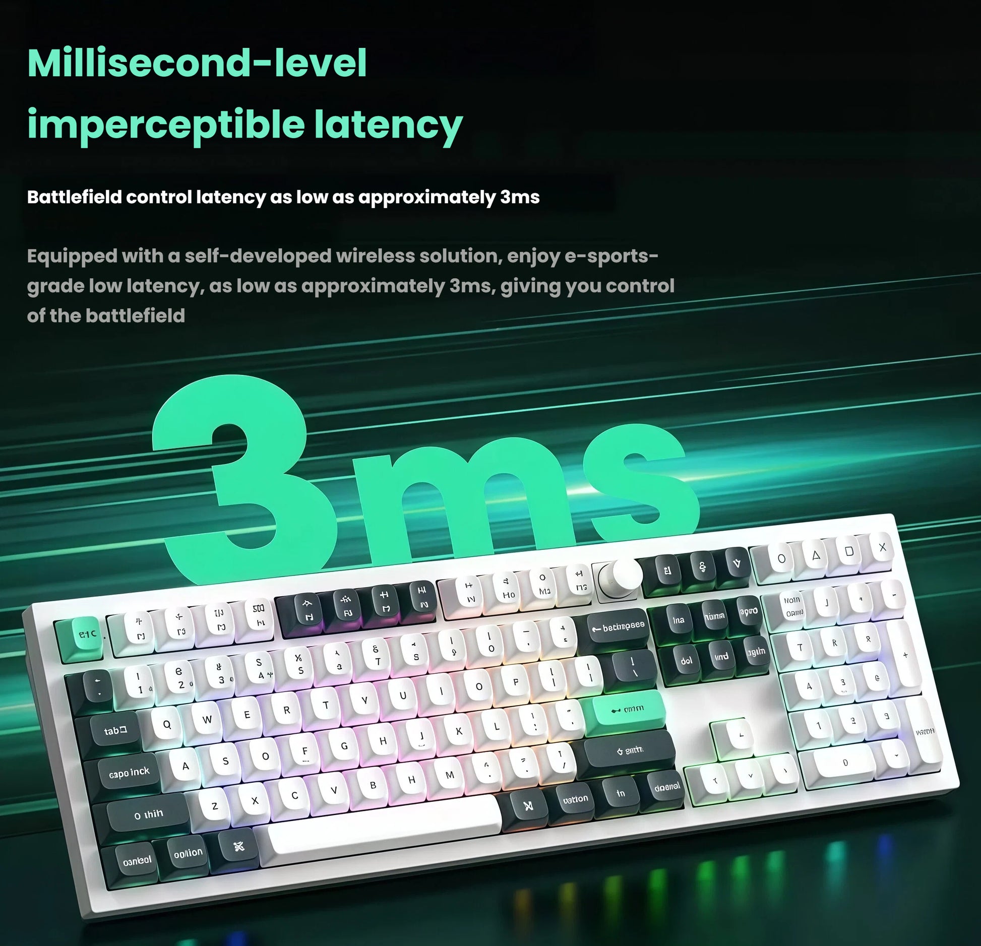 Close-up of Keychron Q6 HE keyboard with "3ms" latency text overlay, emphasizing its self-developed wireless solution delivering e-sports-grade responsiveness and battlefield control.