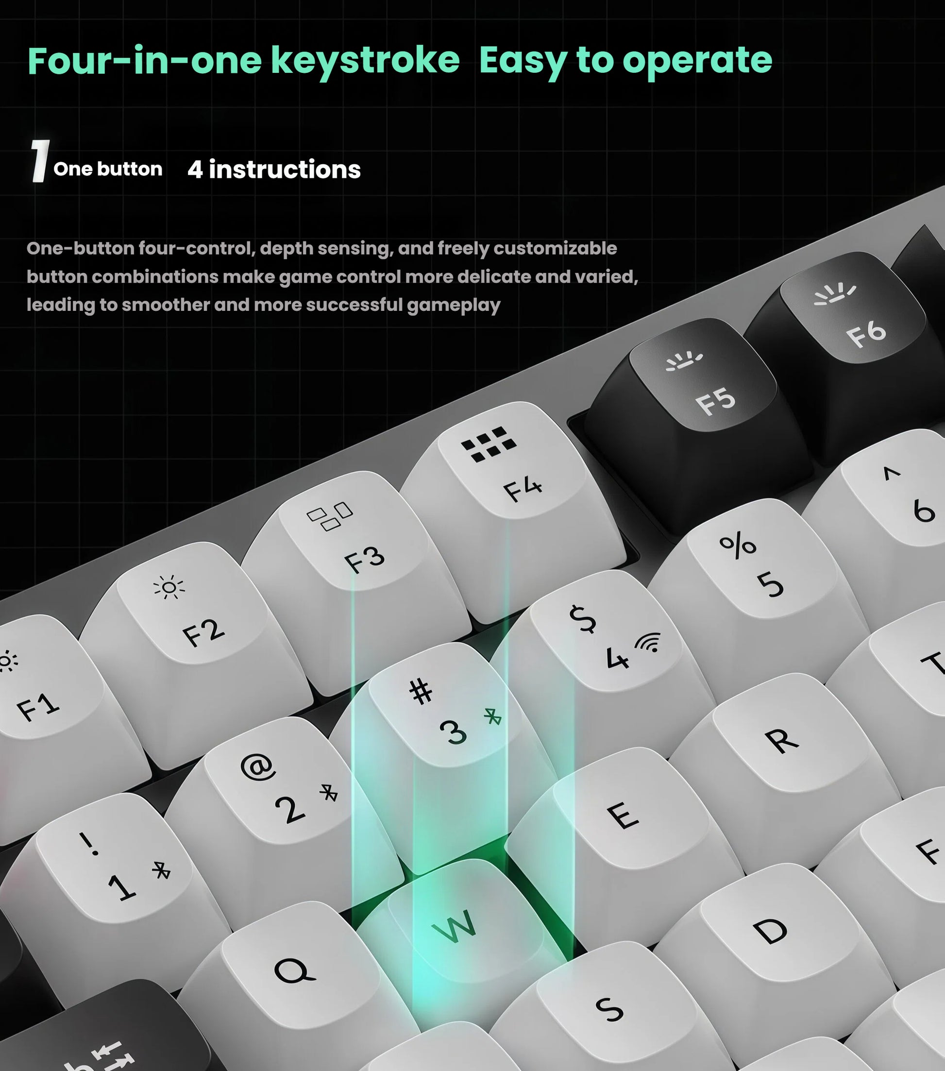 Close-up of Keychron Q6 HE keyboard’s F-key zone showing depth-sensing technology, enabling one-button four-control functionality for more precise and customizable gameplay.
