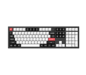 Front view of Keychron Q6 HE full-size mechanical keyboard in black aluminum chassis, featuring white and black PBT keycaps, red ESC and Enter keys, and a clean ergonomic design.