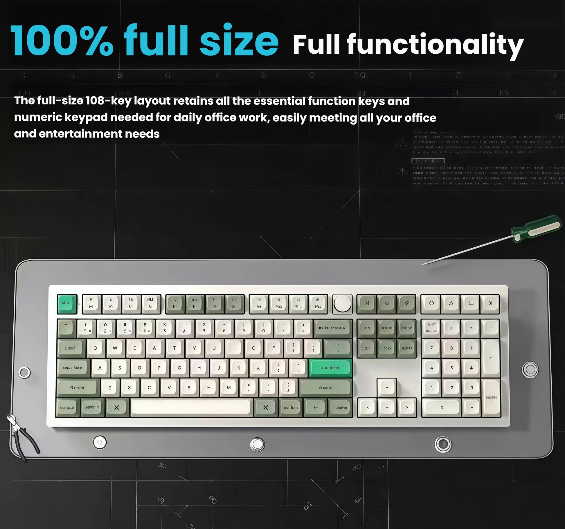 Detailed top view of Keychron Q6 Max full-size 108-key layout with complete function row, number keypad, and multimedia keys, ideal for office work, programming, and daily productivity tasks.