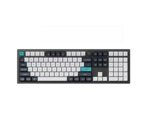 Front view of Keychron Q6 Max mechanical keyboard with black CNC aluminum body, white and dark blue keycaps, and teal ESC and Enter keys, designed for modern desk setups and professional use.