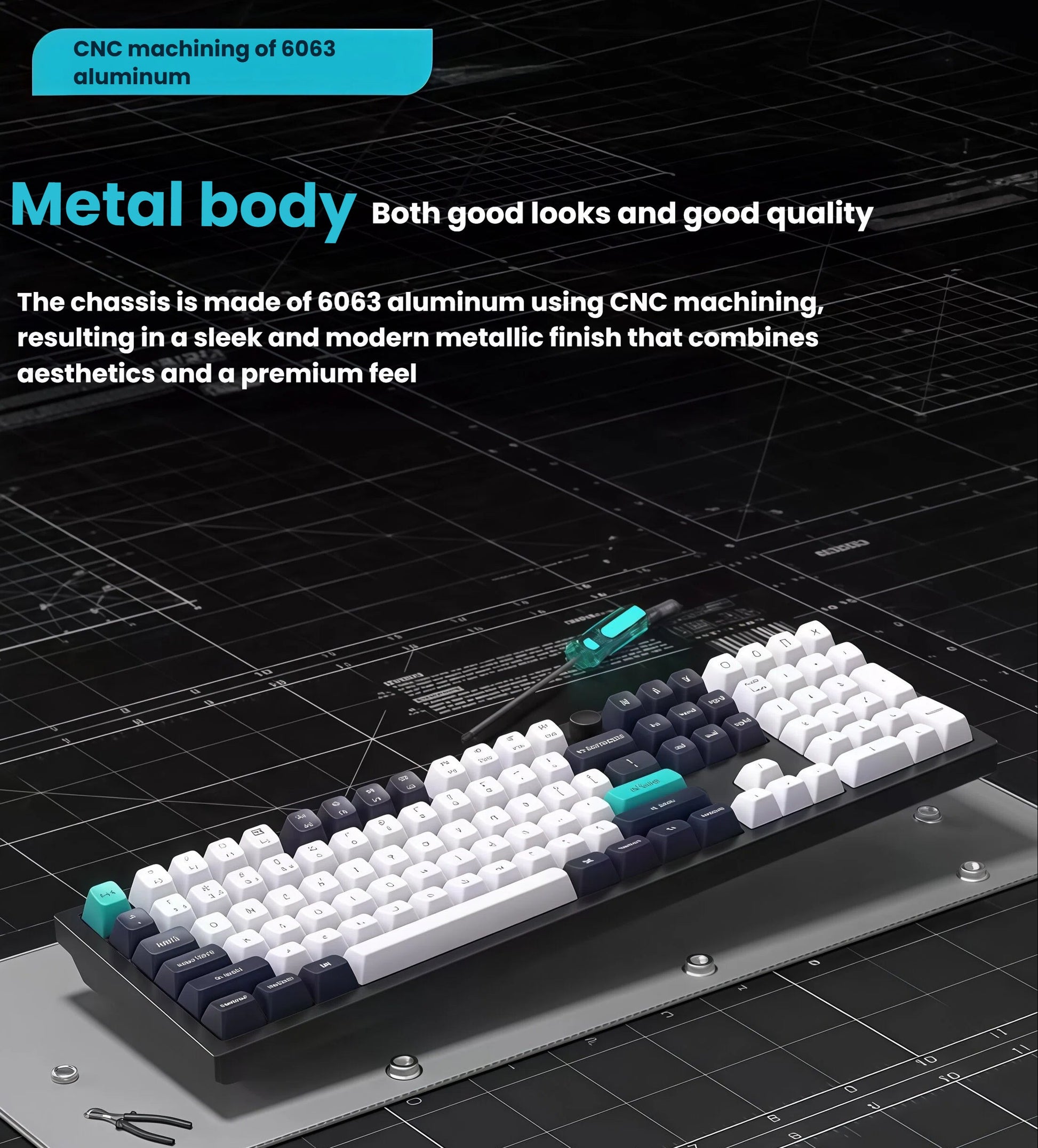 Top-down view of Keychron Q6 Max keyboard with CNC-machined 6063 aluminum chassis, resting on a technical drafting grid, emphasizing precision engineering and premium metallic finish.