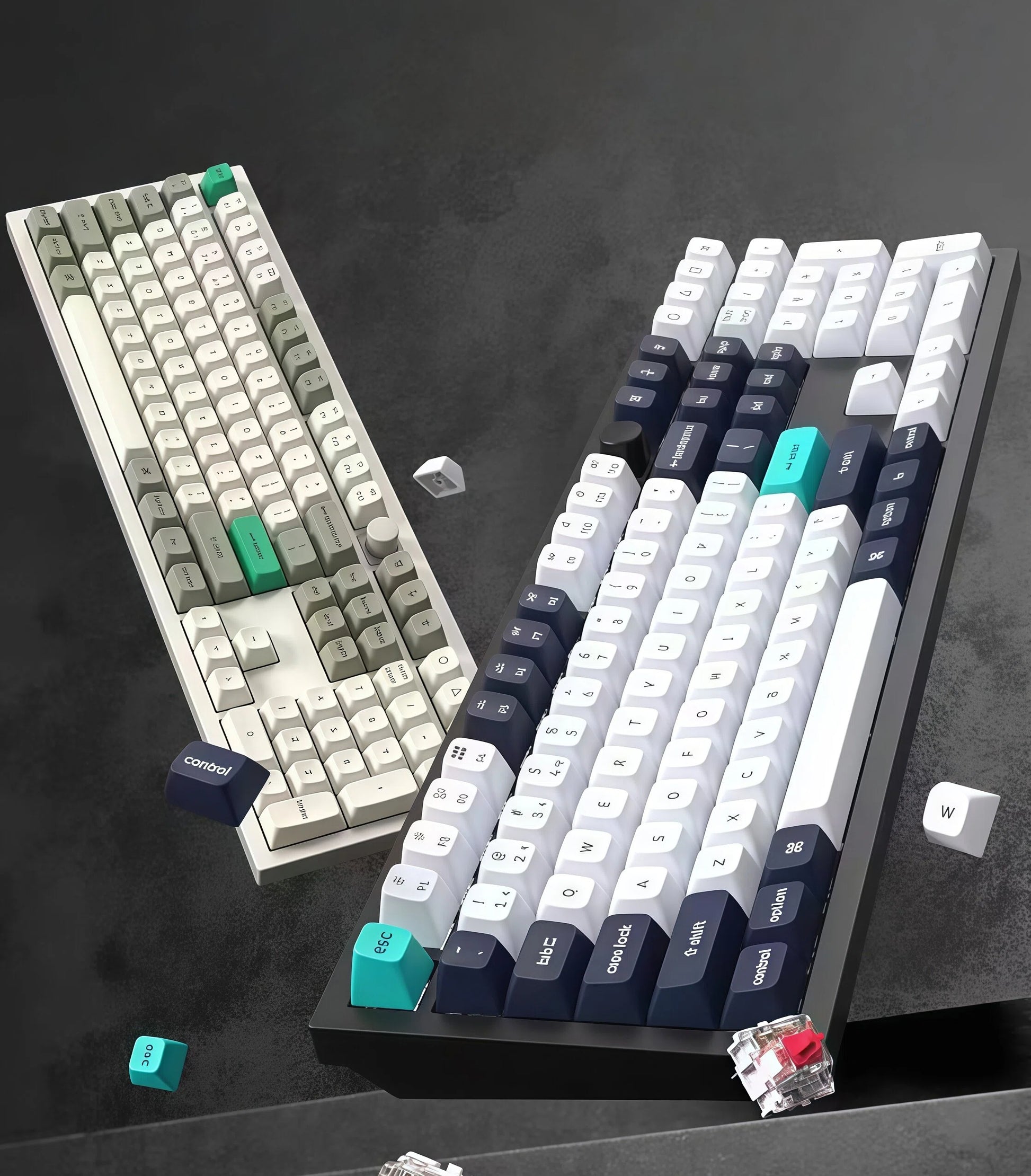 Side-by-side display of two Keychron Q6 Max keyboards in contrasting color schemes: one with white and olive green keycaps, the other with black and teal accents, highlighting premium build quality and customizable aesthetics.