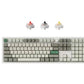 Front view of Keychron Q6 Max full-size wireless mechanical keyboard featuring white and olive green PBT keycaps, with three switch options (red, brown, blue) displayed above, ideal for typing and customization.