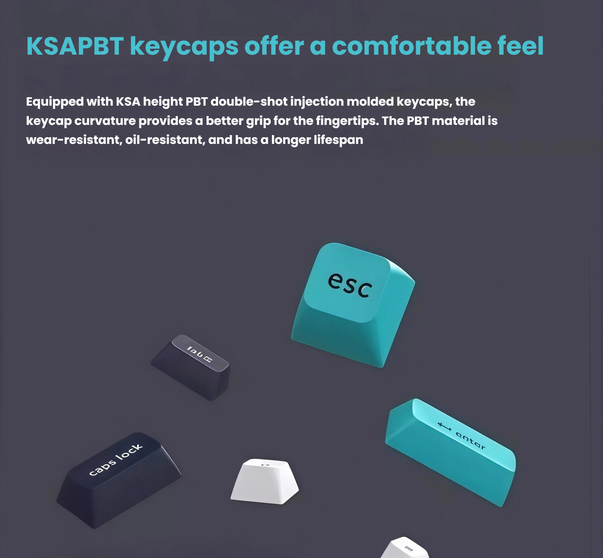 Close-up of Keychron Q6 Max KSAPBT keycaps made from PBT double-shot injection molding, featuring KSA height profile for improved fingertip grip, oil resistance, and long-term durability.