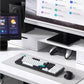 Keychron Q6 Max wireless mechanical keyboard placed on a clean white desk setup with dual monitors, ergonomic mouse, and smart display, showcasing its integration into a sleek home or office workspace.