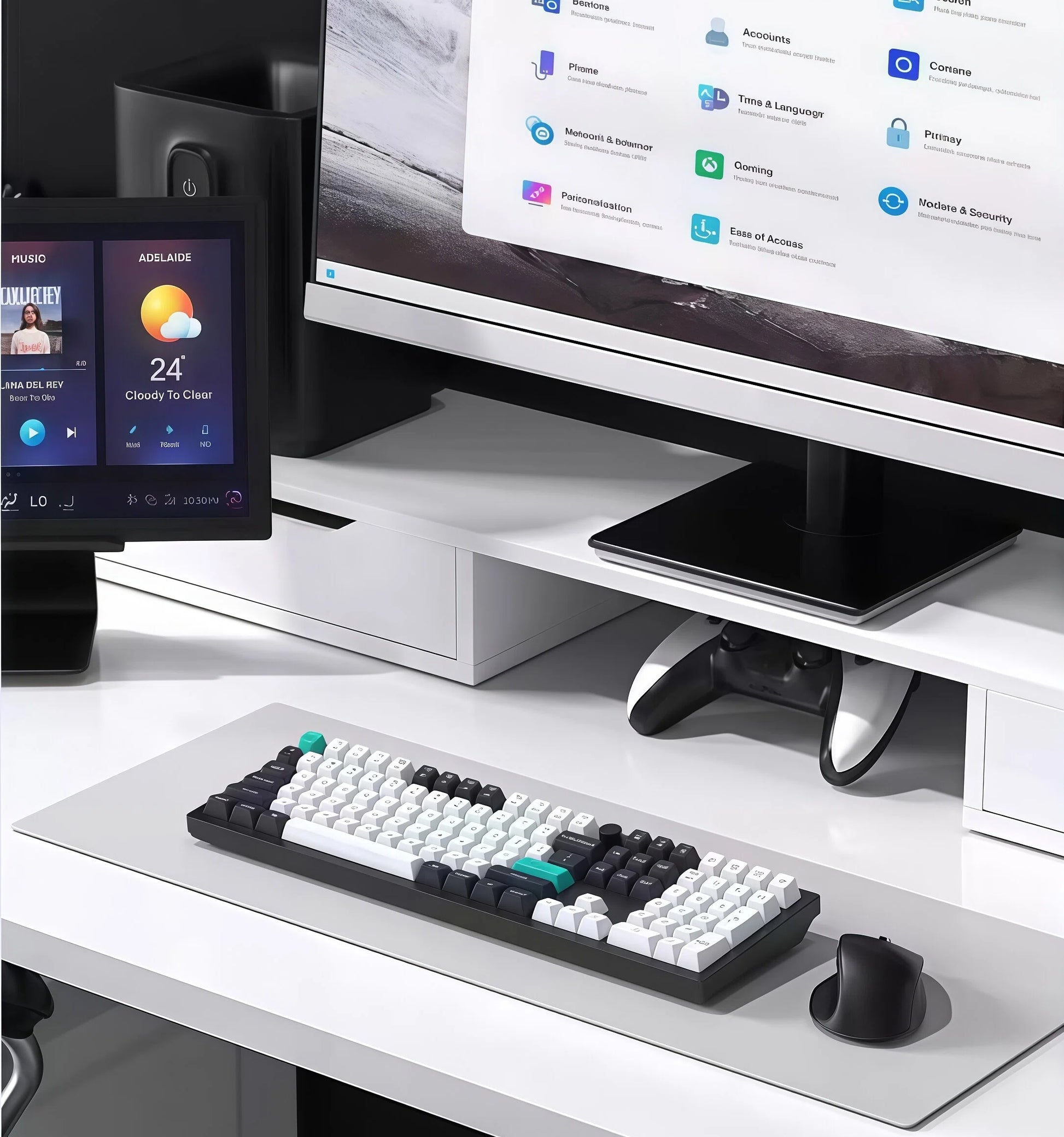 Keychron Q6 Max wireless mechanical keyboard placed on a clean white desk setup with dual monitors, ergonomic mouse, and smart display, showcasing its integration into a sleek home or office workspace.