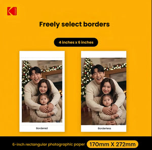 Side-by-side comparison of 4x6" (170mm x 272mm) Kodak prints—left with white border, right borderless. Highlights customizable print style options for family photos and albums.