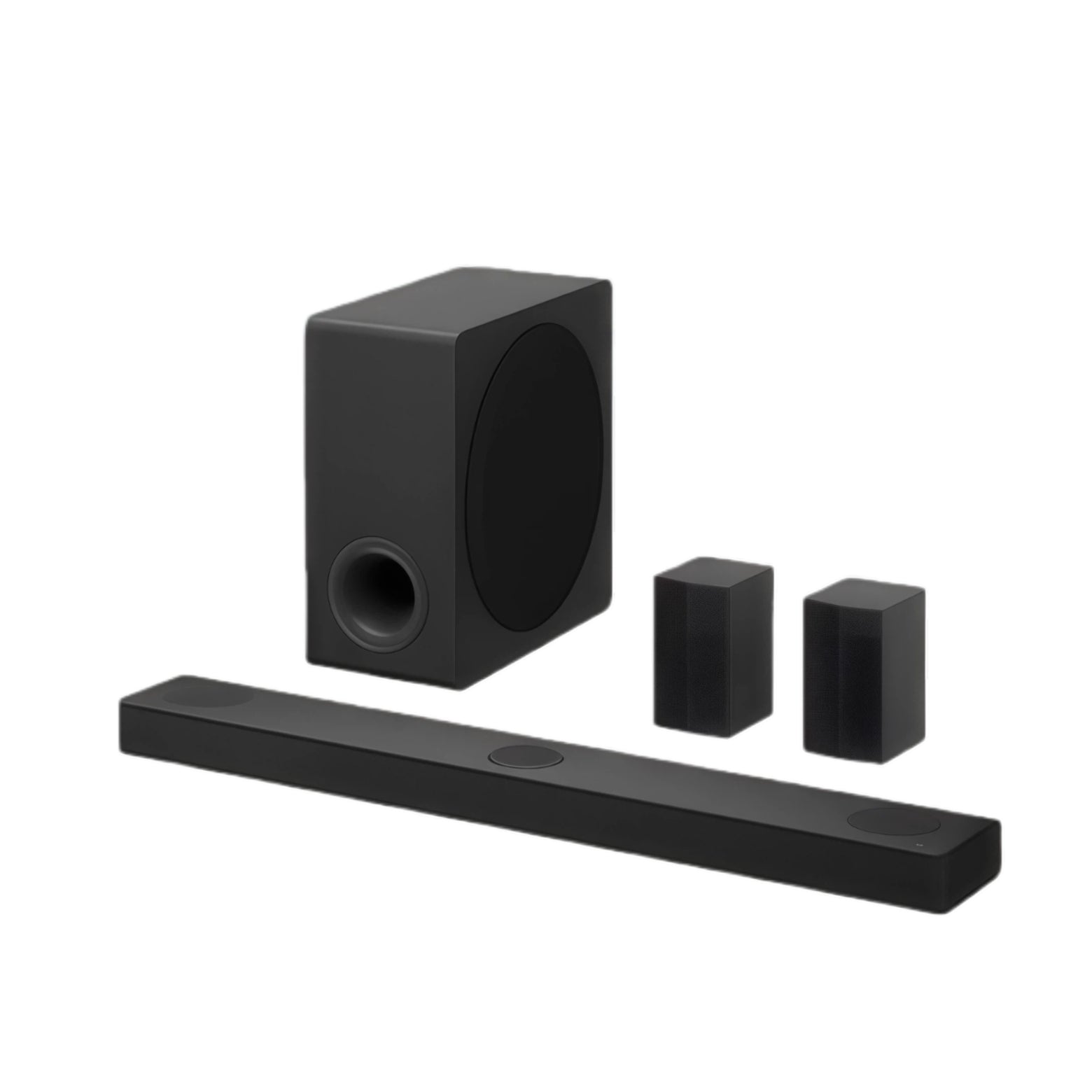The complete LG S80TR home theatre system, including the main soundbar, a wireless subwoofer, and two wireless rear speakers, all in a sleek black finish. This 5.1.3 channel setup is ready to deliver immersive Dolby Atmos surround sound.