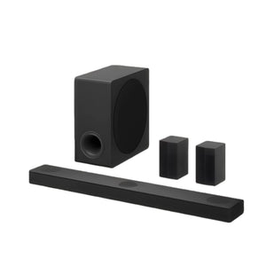 The complete LG S80TR home theatre system, including the main soundbar, a wireless subwoofer, and two wireless rear speakers, all in a sleek black finish. This 5.1.3 channel setup is ready to deliver immersive Dolby Atmos surround sound.