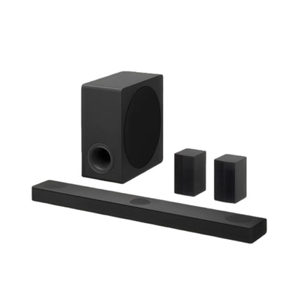 The complete LG S80TR home theatre system, including the main soundbar, a wireless subwoofer, and two wireless rear speakers, all in a sleek black finish. This 5.1.3 channel setup is ready to deliver immersive Dolby Atmos surround sound.