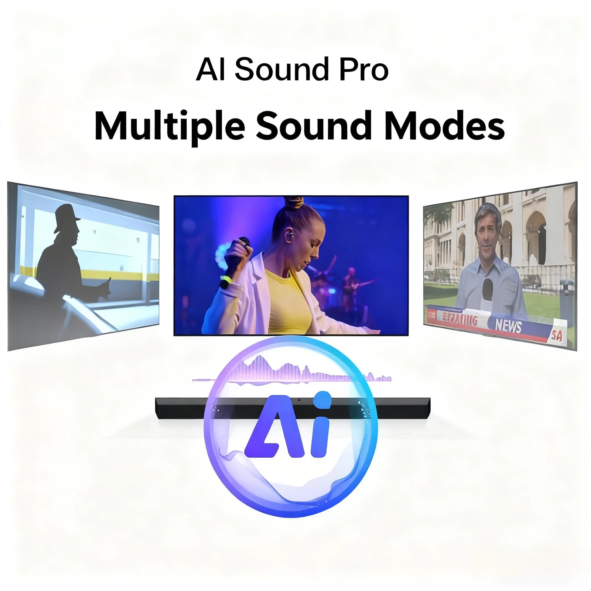 A graphic demonstrating the LG S80TR's AI Sound Pro technology. It shows the soundbar analyzing different content types—a movie, a music concert, and a news broadcast—to automatically adjust and optimize the audio for the best listening experience in any situation