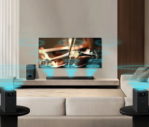 A graphic demonstrating the LG S80TR's AI Sound Pro technology. It shows the soundbar analyzing different content types—a movie, a music concert, and a news broadcast—to automatically adjust and optimize the audio for the best listening experience in any situation