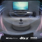  A depiction of the LG S80TR soundbar system in a home environment, with sound waves enveloping the room. Prominently displayed are the logos for "Dolby Atmos," "DTS:X," and "IMAX Enhanced," indicating the system's support for the latest and most advanced surround sound formats.