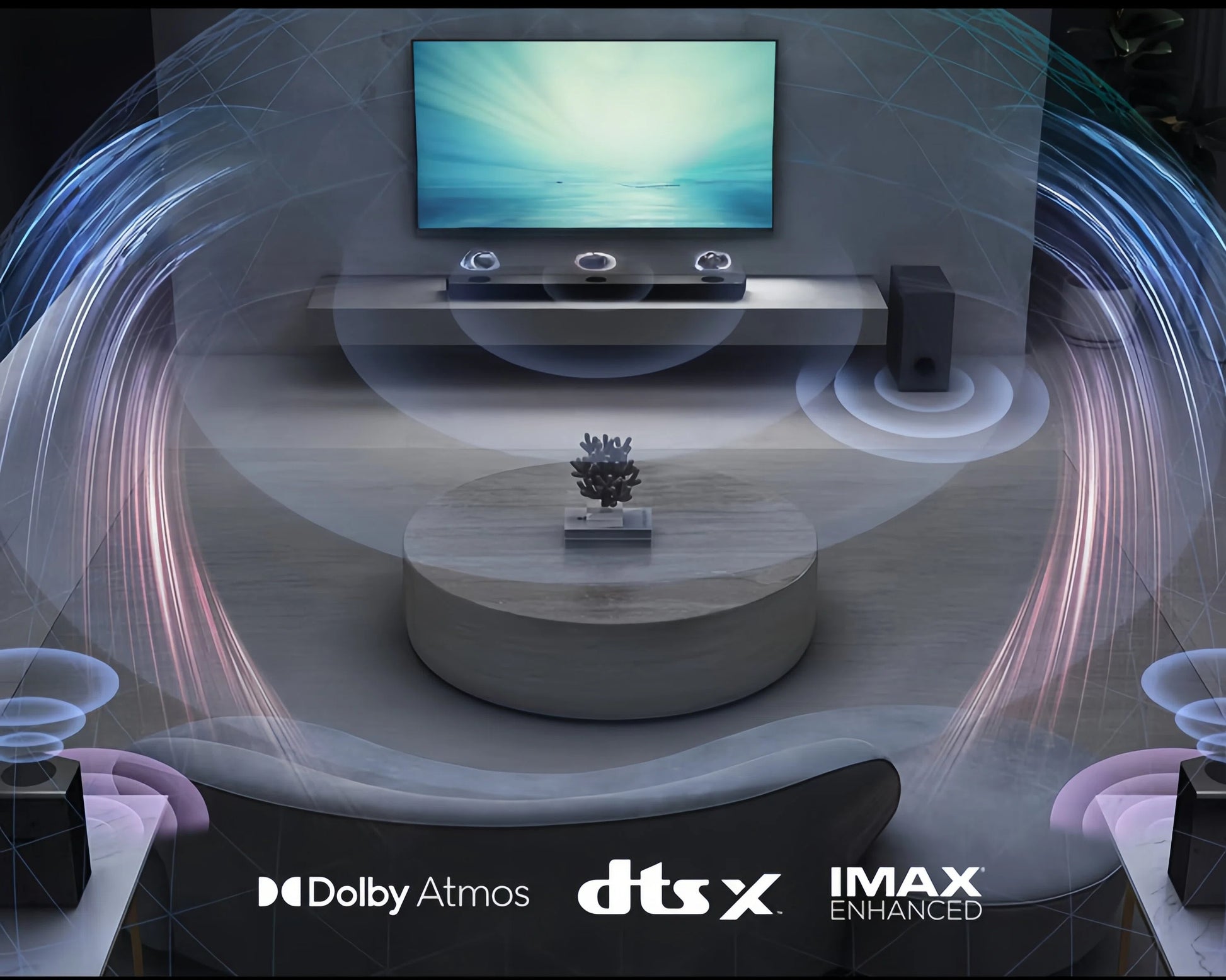  A depiction of the LG S80TR soundbar system in a home environment, with sound waves enveloping the room. Prominently displayed are the logos for "Dolby Atmos," "DTS:X," and "IMAX Enhanced," indicating the system's support for the latest and most advanced surround sound formats.