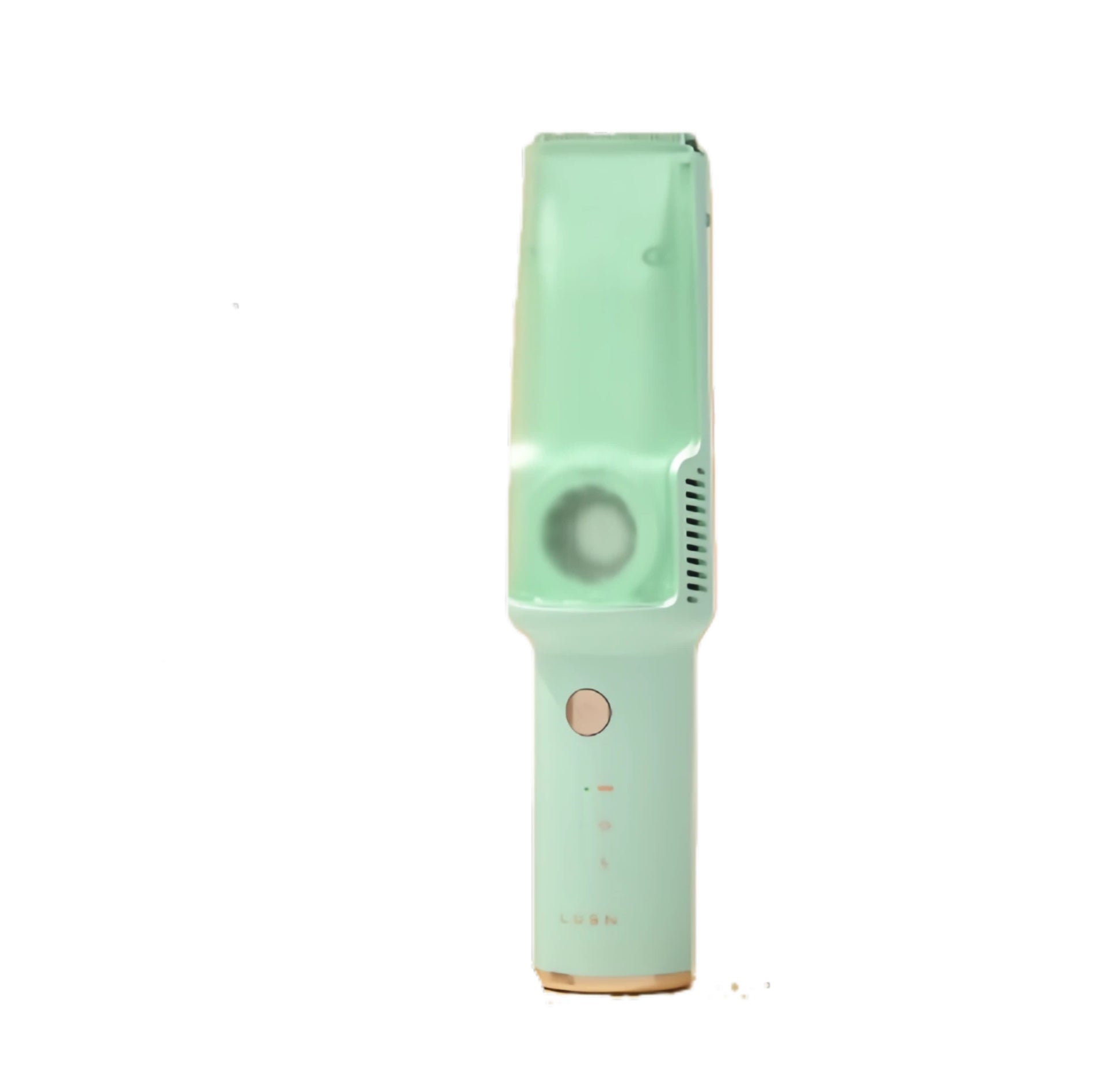 Mint green LUSN baby hair trimmer featuring built-in vacuum suction, rounded R-angle blade, and IPX7 waterproof rating for easy cleaning.