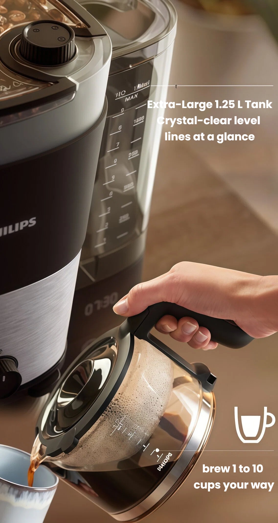 A close-up of the Philips HD7900 coffee machine's 1.25 L water tank with clear level lines, and a hand pouring water into it