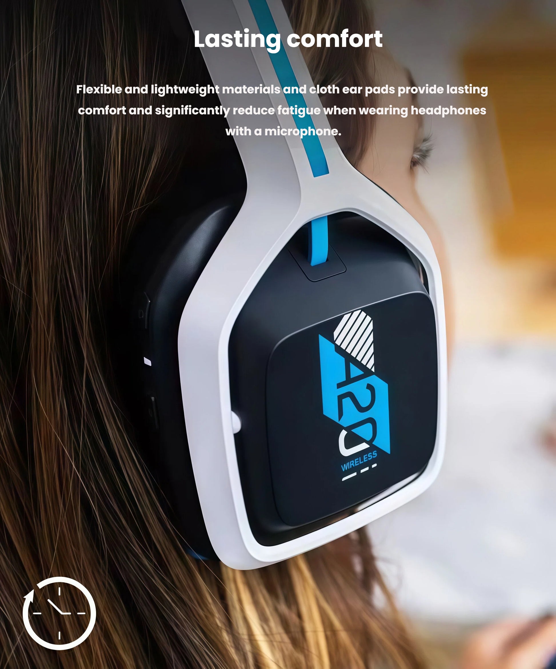 Macro shot of the ASTRO A20’s soft cloth ear cushion on a gamer’s ear, illustrating fatigue-free comfort during long sessions.