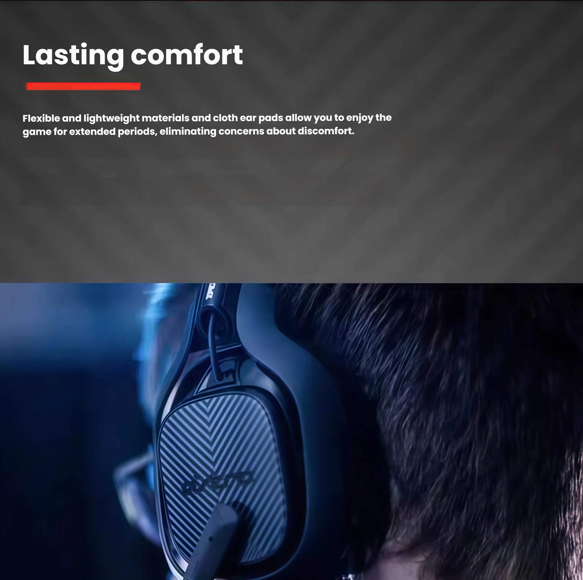  Side profile of a gamer wearing the black A40 TR, emphasizing the breathable cloth ear cushions and lightweight frame for marathon sessions.