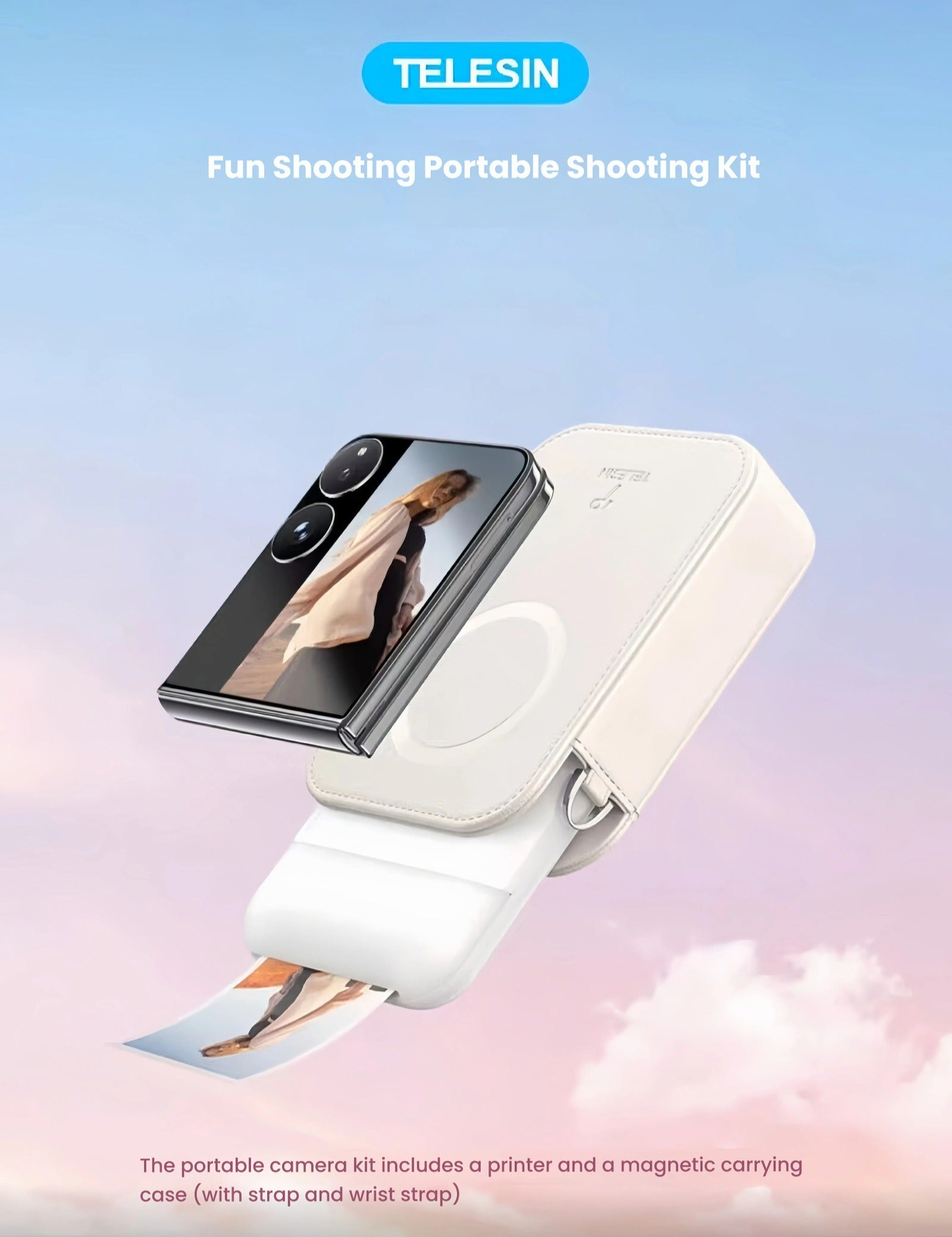 Liene x TELESIN portable photo printer with magnetic carrying case attached to a smartphone. The device prints a 2x3" ZINK photo mid-air against a sky background, showcasing compact design and instant printing capability.