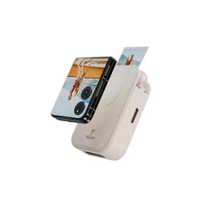 Liene x TELESIN portable photo printer paired with a flip smartphone in floating view. Highlights magnetic attachment, compact form factor, and instant photo output from mobile device.