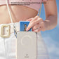 Woman wearing Liene x TELESIN portable photo printer as a crossbody bag, holding a freshly printed sticky-backed photo. Ideal for travel, festivals, or daily use—print and pick up instantly.
