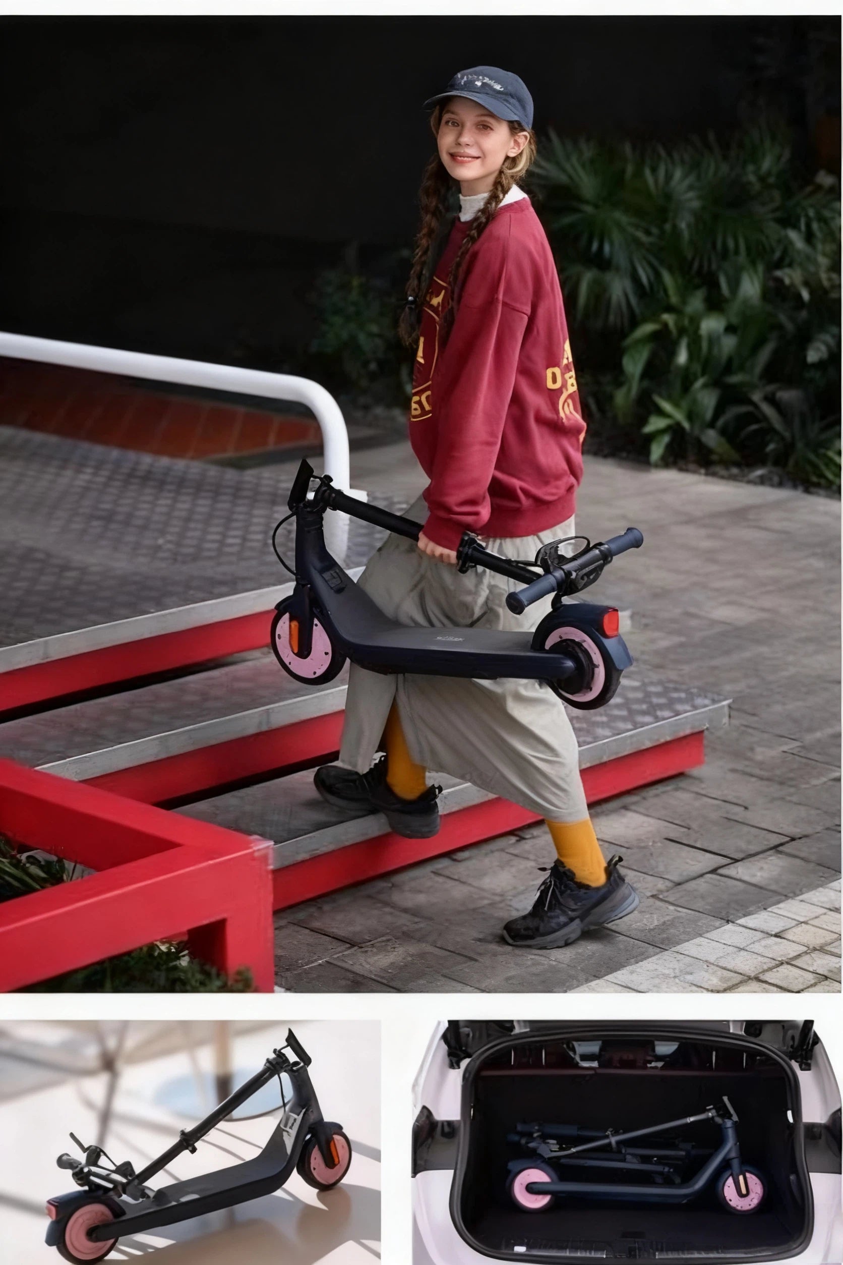 A collage demonstrating the portability of the Segway C2 Pro kids' scooter, showing it being easily carried up stairs and fitting neatly into a car trunk after being folded.