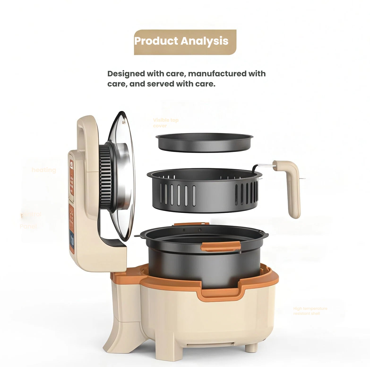  A detailed product analysis of the Liren air fryer, showing its disassembled parts including the visible glass top cover, the non-stick frying basket, and the high-temperature resistant main shell.