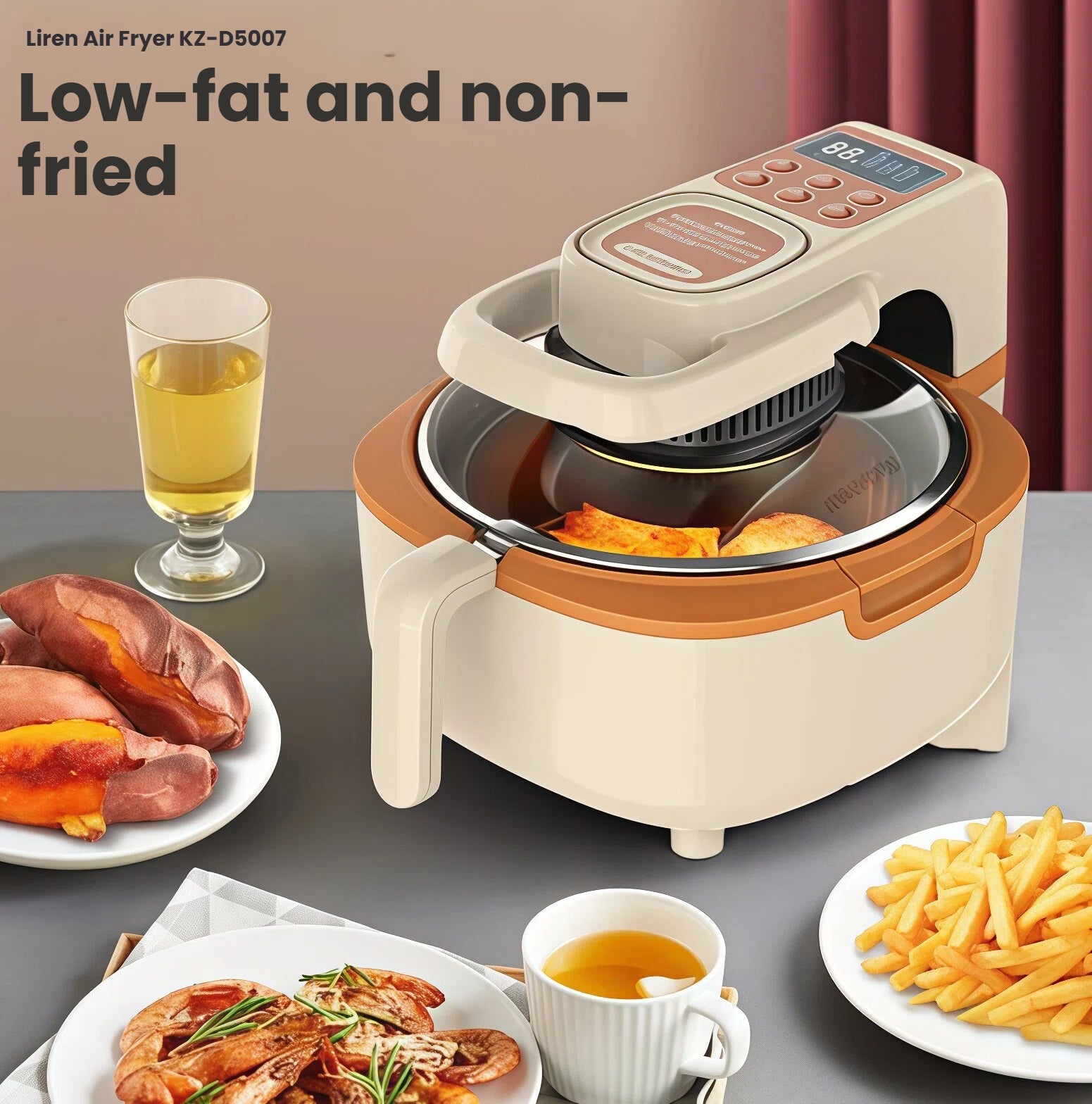 The Liren KZ-D5007 5L air fryer showcasing its large glass viewing window, allowing users to monitor food as it cooks for perfect, low-fat results every time.
