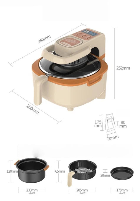 A detailed diagram showing the exact measurements of the Liren 5L air fryer and its accessories, including the main unit's 340mm length and the frying basket's 205mm diameter.