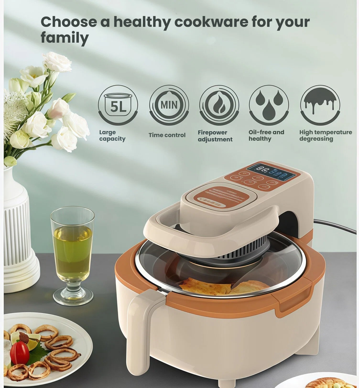 The Liren air fryer with icons illustrating its healthy cooking features, such as its large 5L capacity, precise time control, firepower adjustment, and oil-free, high-temperature degreasing capabilities.