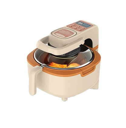 The Liren 5L smart air fryer in a stylish cream and tan finish, displayed on a table surrounded by healthy, delicious food like crispy fries, grilled shrimp, and baked sweet potatoes.