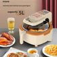 The Liren 5L smart air fryer in a stylish cream and tan finish, displayed on a table surrounded by healthy, delicious food like crispy fries, grilled shrimp, and baked sweet potatoes.