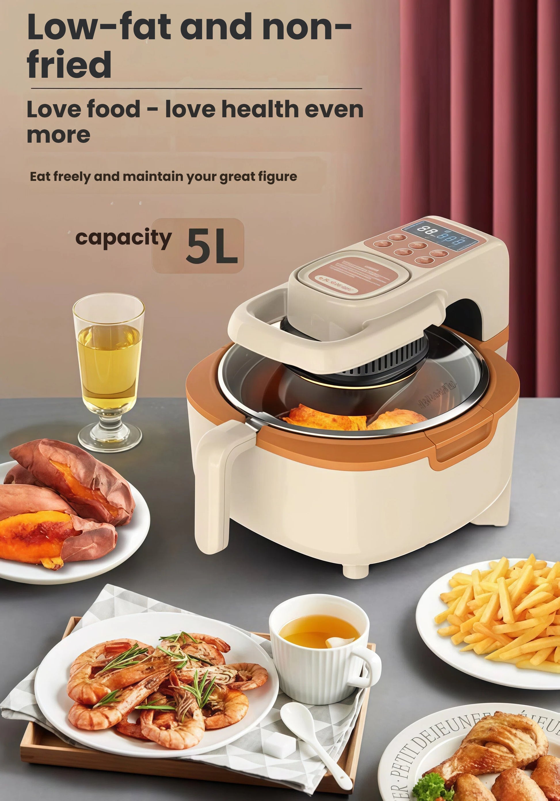 The Liren 5L smart air fryer in a stylish cream and tan finish, displayed on a table surrounded by healthy, delicious food like crispy fries, grilled shrimp, and baked sweet potatoes.