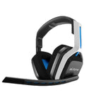 Three-quarter view of the black ASTRO A20 headset with blue highlights, displaying its robust build and flip-to-mute microphone.