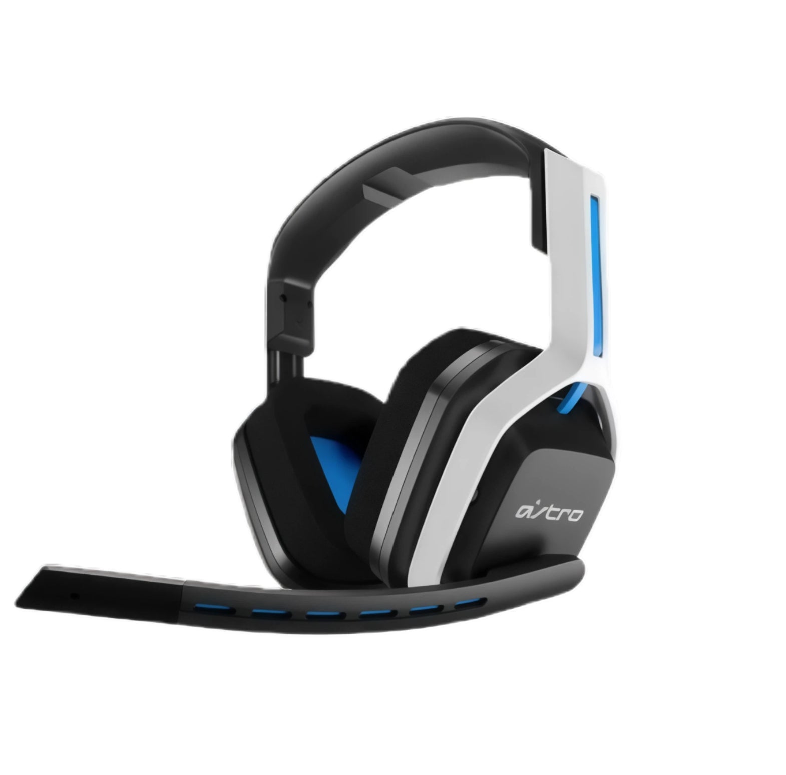 Three-quarter view of the black ASTRO A20 headset with blue highlights, displaying its robust build and flip-to-mute microphone.