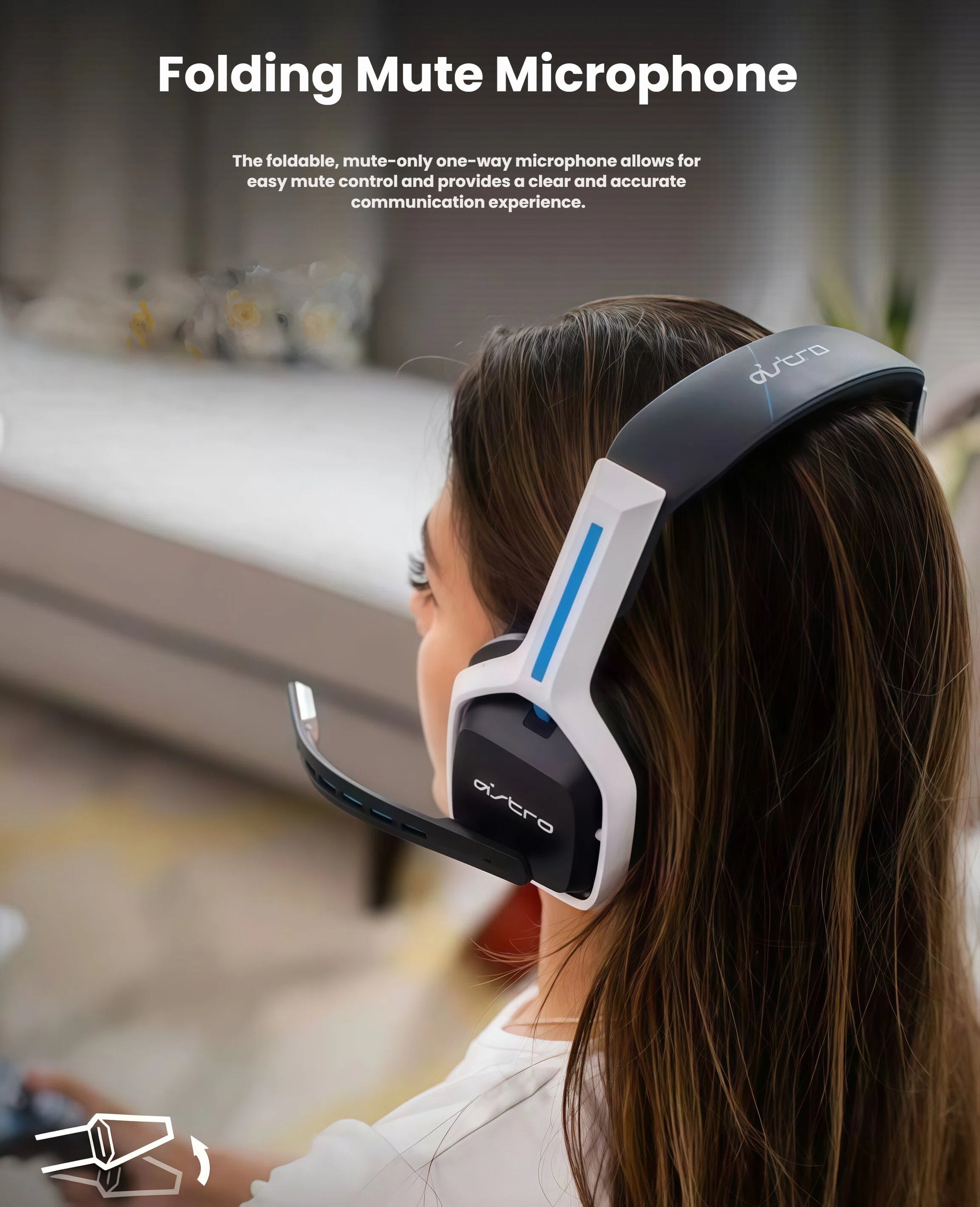 Side view of a gamer wearing the white-and-blue ASTRO A20 headset, showing the flip-to-mute boom mic extended for clear in-game communication.